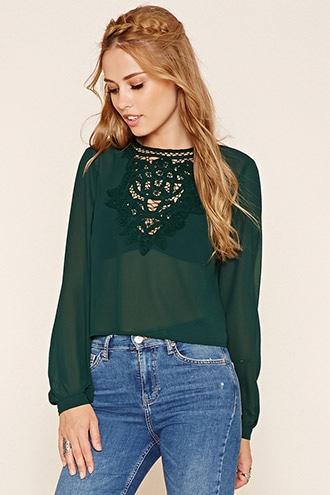 Forever21 Women's Semi-sheer Crochet Trim Top