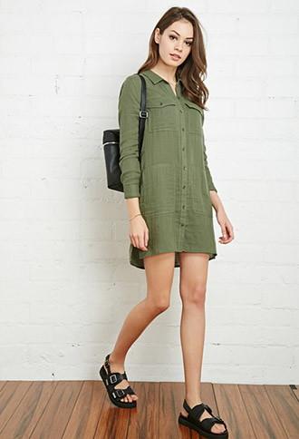 Forever21 Women's Cotton Utility Shirt Dress (olive)