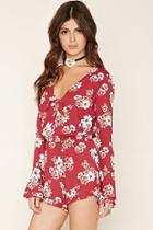 Forever21 Women's  Burgundy & Cream Floral Print Romper