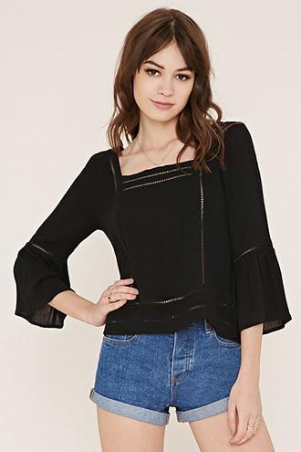 Forever21 Women's  Black Ladder-cutout Gauze Blouse