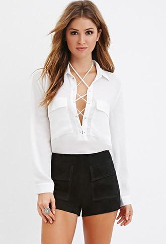 Forever21 Women's  Flap-pocket Genuine Suede Shorts
