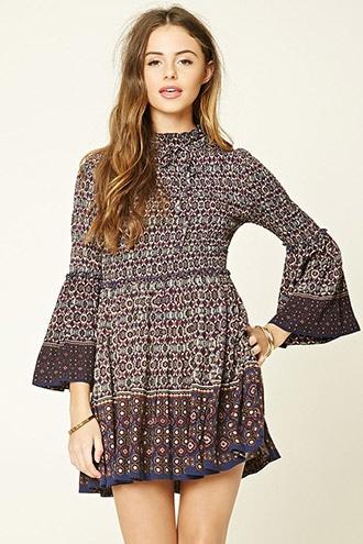 Forever21 Women's  Navy & Wine Ornate Print Smock Dress