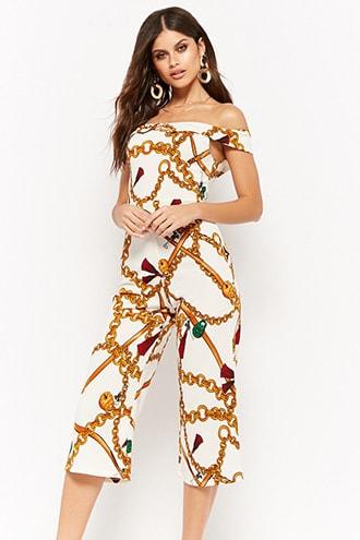 Forever21 Multicolor Chelsea Collar Chain & Key Print Culotte Jumpsuit