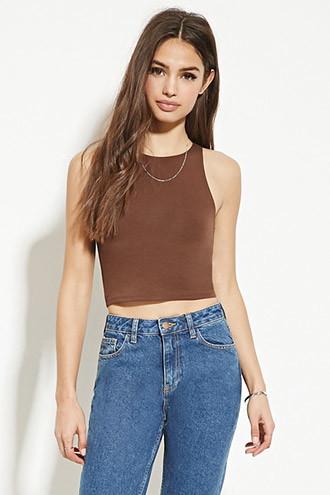 Forever21 Women's  Coffee Heathered Knit Crop Top