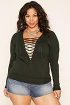 Forever21 Plus Women's  Hunter Green Plus Size Lace-up Sweater