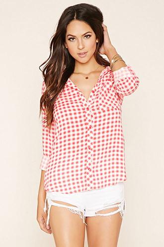 Forever21 Women's  Coral Plaid Button-down Shirt