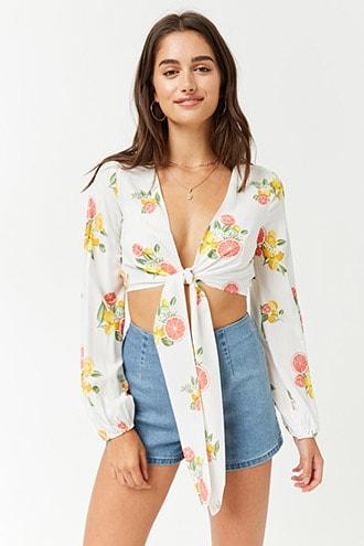 Forever21 Citrus Print Tie-front Crop Top