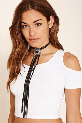 Forever21 Black & Gunmetal Ettika Leather Tassel Necklace