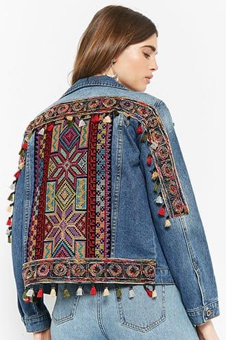 Forever21 Embroidered Tasseled Denim Jacket