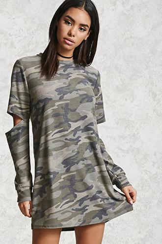Forever21 Elbow-cutout Camo Print Tunic