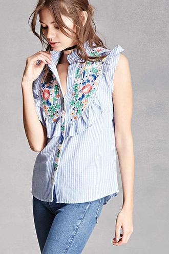 Forever21 Embroidered Pinstripe Top