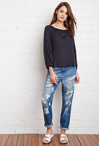 Forever21 Women's  Floral Embroidered Blouse (navy)