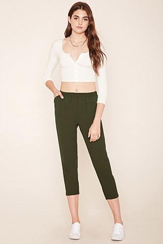 Forever21 Women's  Olive Cropped Cuffed Pants