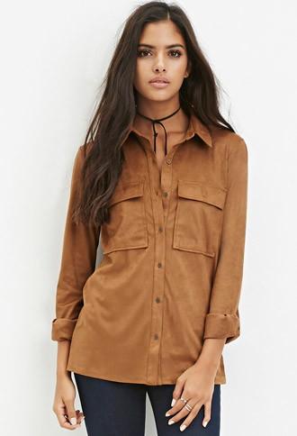Forever21 Women's  Faux Suede Button Shirt (camel)