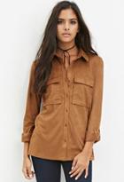 Forever21 Women's  Faux Suede Button Shirt (camel)