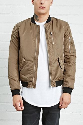 21 Men Men's  Khaki Zip-front Bomber Jacket