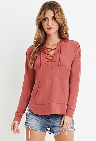 Forever21 Women's  Lace-up Hoodie (rust)