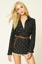 Forever21 Women's  Feather Print Belted Shirt