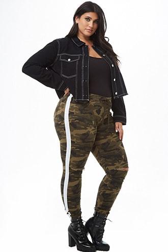 Forever21 Plus Size Distressed Striped-trim Camo Jeans