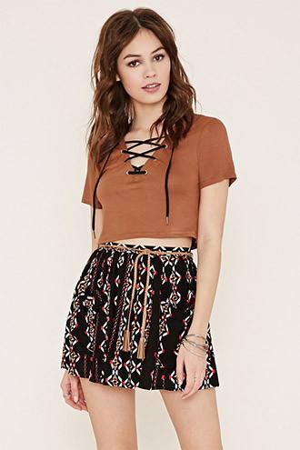 Forever21 Women's  Black & Cream Belted Geo Print Skirt