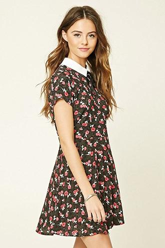 Forever21 Women's  Floral Print Tie-neck Dress
