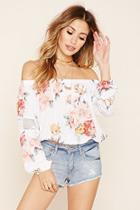 Forever21 Women's  White & Pink Floral Off-the-shoulder Blouse