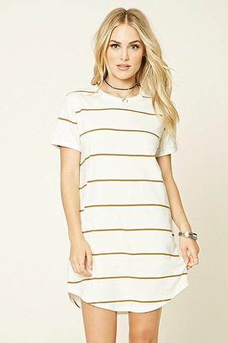 Forever21 Women's Ivory & Gold Striped T-shirt Dress
