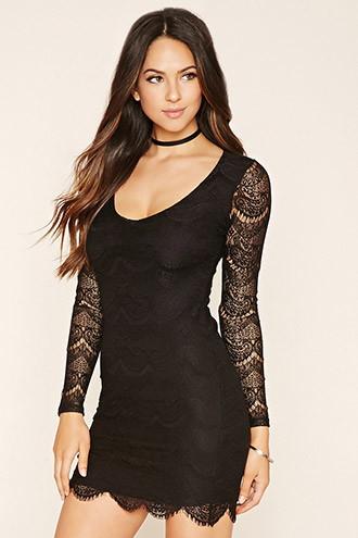 Forever21 Women's  Black Scalloped Lace Bodycon Dress