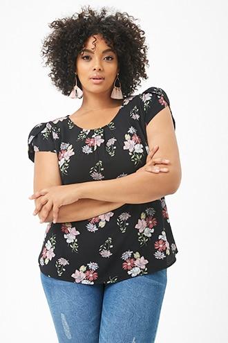 Forever21 Plus Size Crepe Floral Tulip-sleeve Top