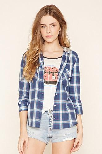 Forever21 Women's  Navy Plaid Flannel Hooded Shirt