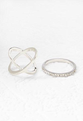 Forever21 Crisscross Midi Ring Set (silver/clear)