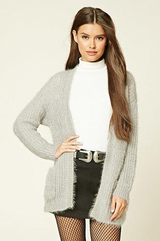 Forever21 Women's  Grey Fuzzy Knit Cardigan