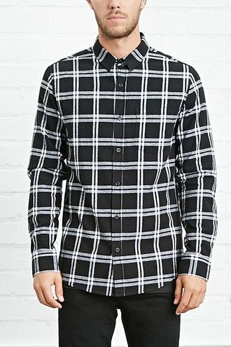 21 Men Men's  Black & White Fitted Plaid Flannel Shirt