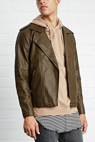 21 Men Men's  Olive Faux Leather Moto Jacket