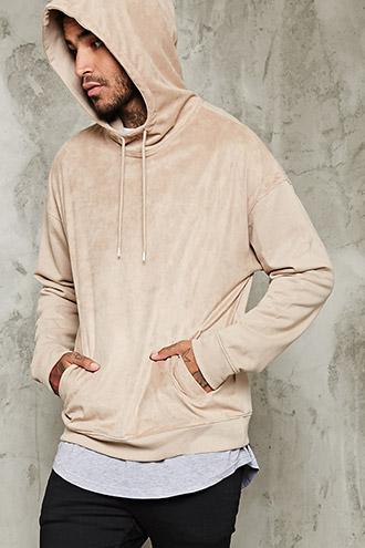 21 Men Men's  Taupe & Khaki Faux Suede Panel Hoodie