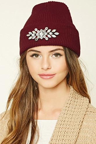Forever21 Women's  Red Rhinestone-embellished Beanie