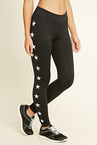 Forever21 Women's  Black & White Active Star Print Leggings