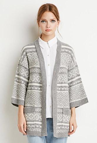 Forever21 Women's Geo Stripe Cardigan (grey/cream)