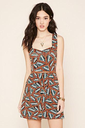 Forever21 Women's  Green & Red Belted Abstract Print Dress