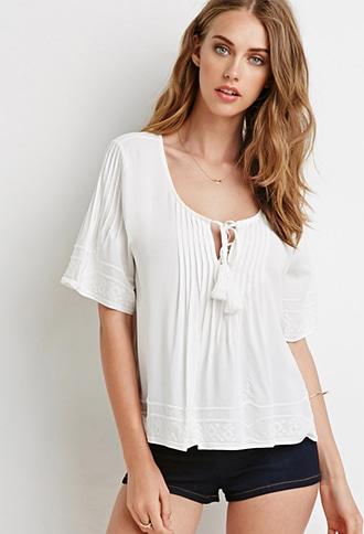 Forever21 Embroidered Pintucked Blouse
