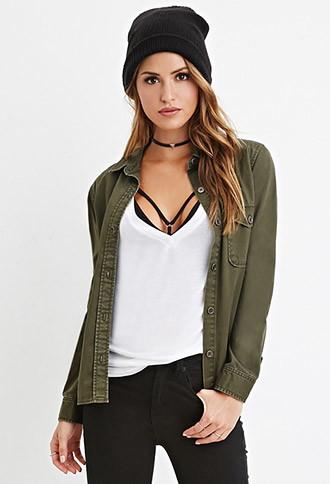 Forever21 Women's  Flap-pocket Cotton Shirt