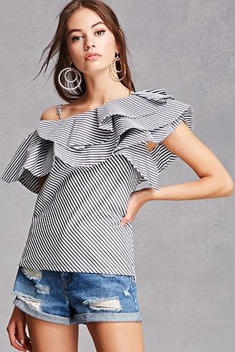 Forever21 Stripe Print Ruffle Shoulder Top