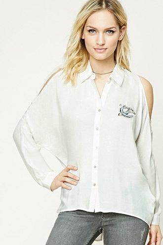 Forever21 Bird Patch Open-shoulder Shirt