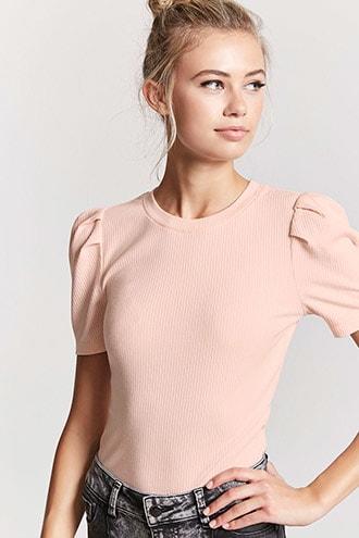 Forever21 Ribbed Knit Puff-sleeve Top