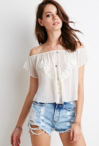 Forever21 Embroidered Chiffon Off-the-shoulder Top