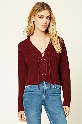 Forever21 Women's Burgundy Lace-up Ribbed Knit Sweater Top
