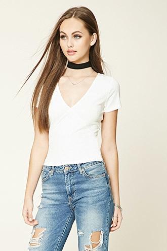 Forever21 Women's White Ribbed V-neck Tee