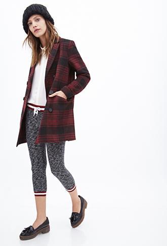 Forever21 Plaid Pea Coat Burgundy/black Medium