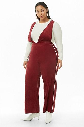 Forever21 Plus Size Corduroy Pinafore Striped-trim Jumpsuit