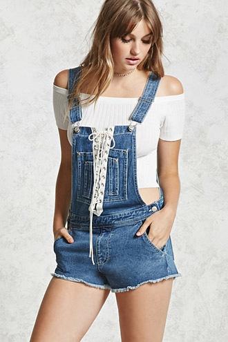 Forever21 Lace-up Denim Overall Shorts